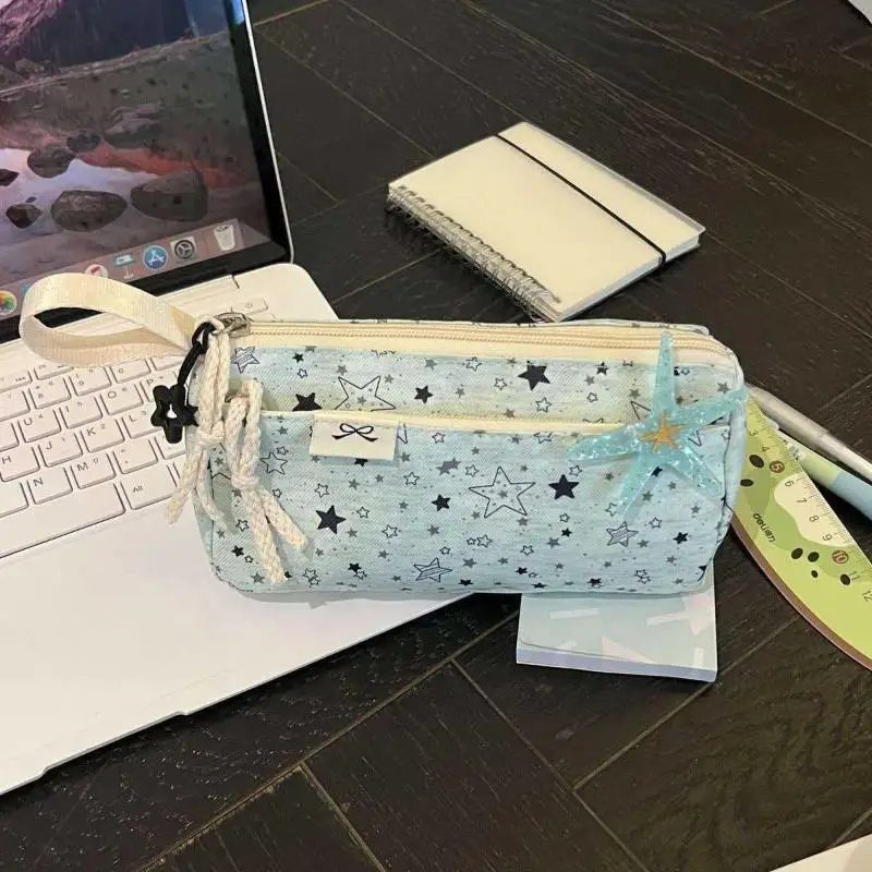 Durable Canvas Makeup Bag Star Print Zipper Pouch Portable Spacious Desk Organizer Perfect Holiday Gift for Women