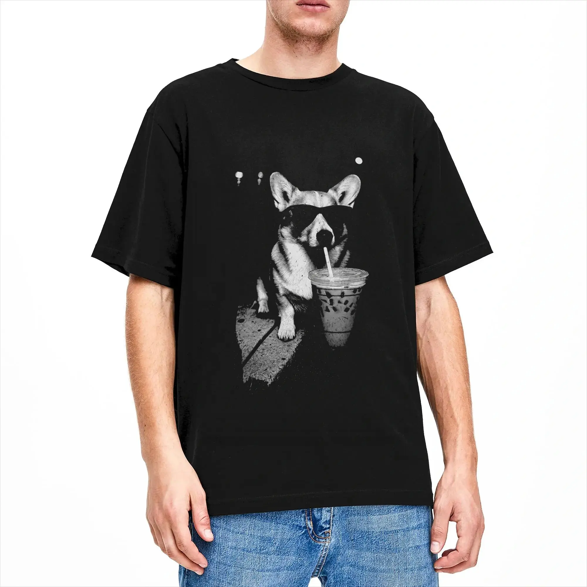 Corgi Drinking Iced Coffee Funny Corgi Dog Coffee Vintage T-Shirt Beach  Streetwear T-Shirts Pure Cotton Hipster Tee Shirt