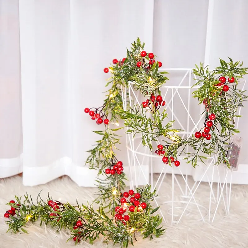 LED Green Leaf  Red Berry Soft Vine String Lights Battery Powered Decorative Vine Lights Home Festive Xmas Atmosphere Decoration