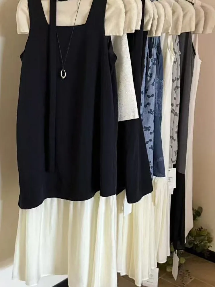 한국 스타일 불규칙한 민소매 패치워크 드레스 여성 슬림 엘레강트 롱 드레스 고급 디자인 여름 패션 드레스