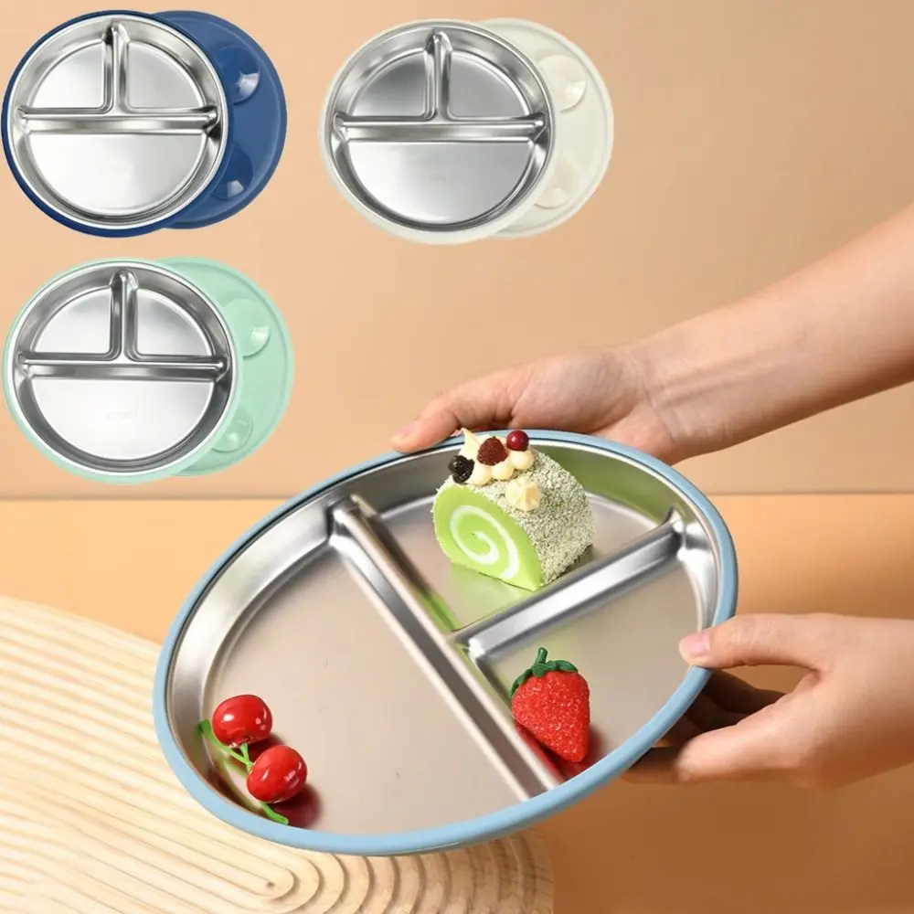 

Divided Design Suction Cup Kids Plates 304 Stainless Steel Safe Material Children 3 Grids Dishes Silicone Shell Non-Slip