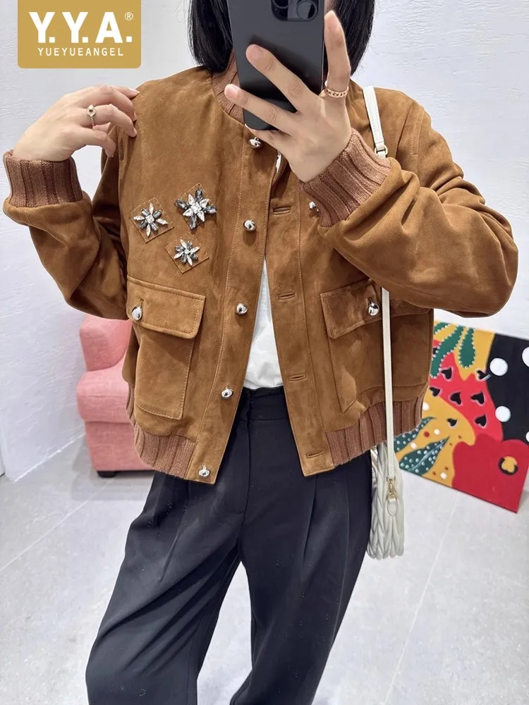 Giacca corta da donna in vera pelle di pecora di lusso autunnale, girocollo, capispalla da baseball, cappotto, design lucido con diamanti, giacche in vera pelle