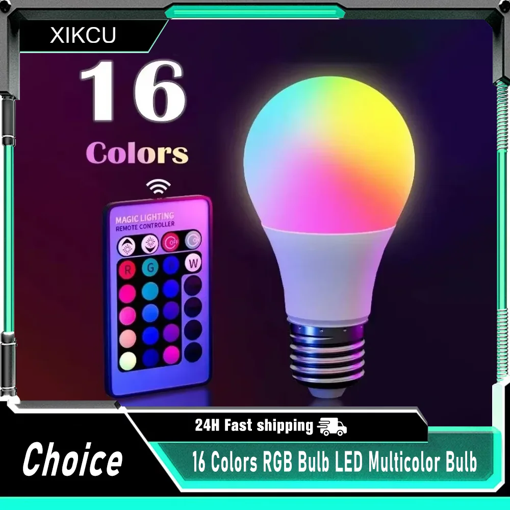 16 Colors RGB Bulb LED Multicolor Bulb E27 220V Household Lighting Dimmable 24 Key Remote Control Smart Lamp Atmosphere Light