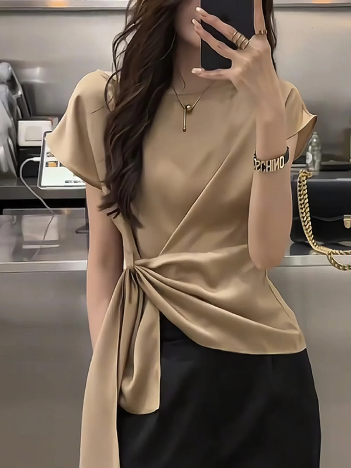 

Faionable Slimming ort Sve irt Women's Summer New Sle Asymmetrical Ele Korean Version Commute Sle Blouse