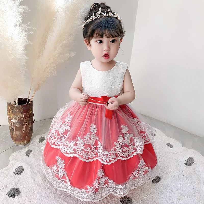 Lovely Lace Printing Layered Bow Princess Flower Girl Dress Wedding Party Ball First Communion Dresses Dream Kids Birthday Gift