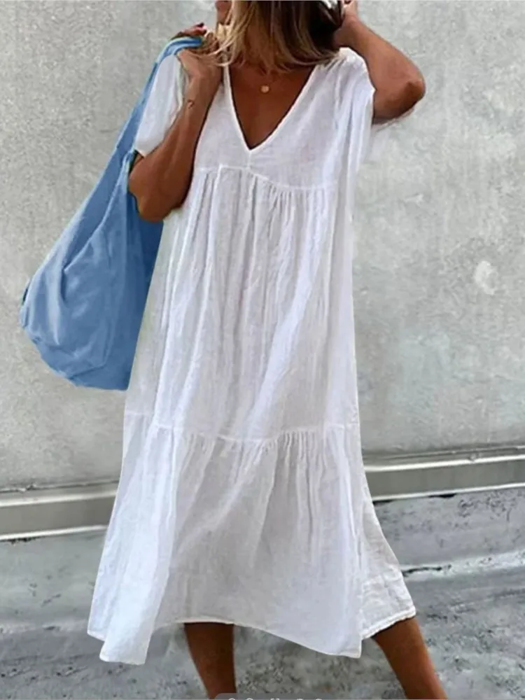 Robe Midi en Coton et Lin pour Femme, Vêtement à Manches Courtes, Col en V, Style Simple, Décontracté, Éducatif, à la Mode