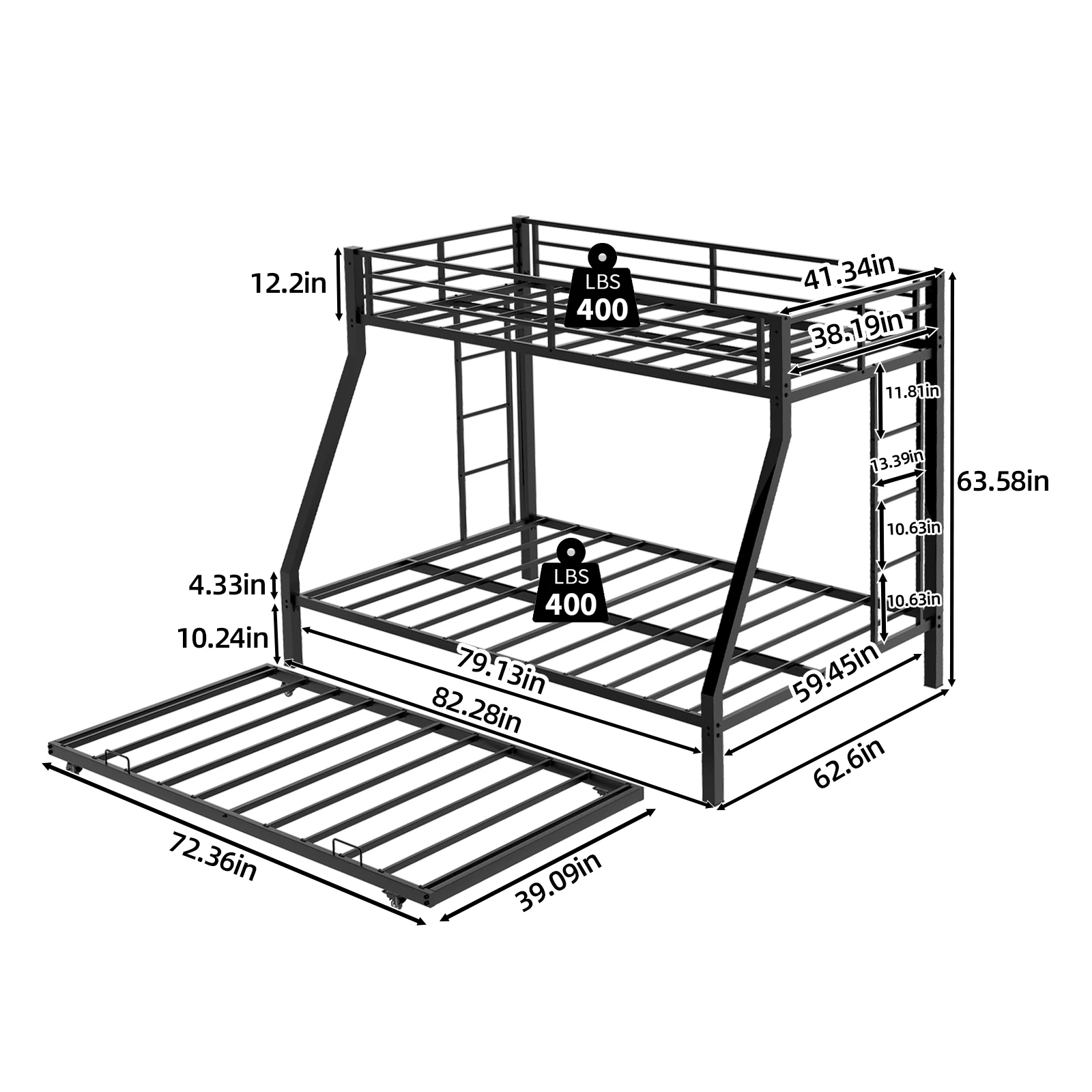 Heavy Duty Metal Twin XL Over Queen Bunk Bed with Trundle, Space Saving Triple Bunkbed Frame with Guardrails & Ladder, 400 LBS Capacity, Black view 3