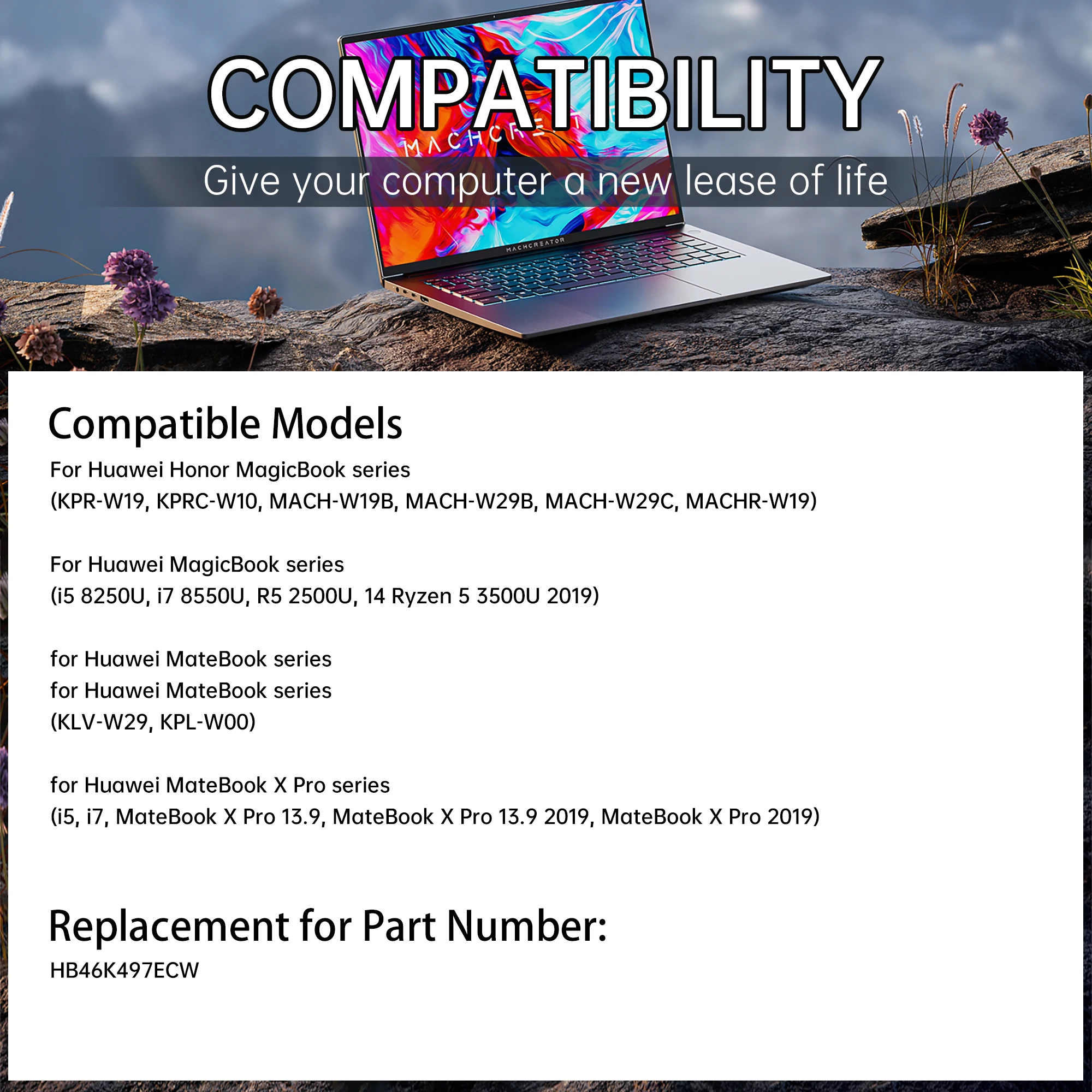 Batteria del computer portatile HB46K497ECW per Huawei Matebook D 2018 PL-W19 PL-W09 PL-W29 MRC-W50 MRC-W60 MRC-W70