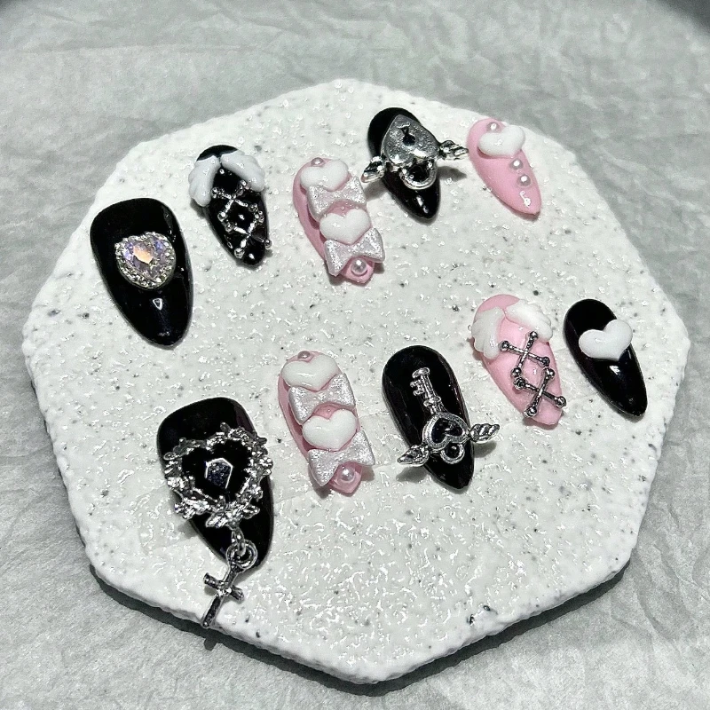 10 Pieces Y2k Spice Girl Handmade Press On Nails Black Pink Sweet Cool Nail Art Bow Love Diamond Almond False Nails