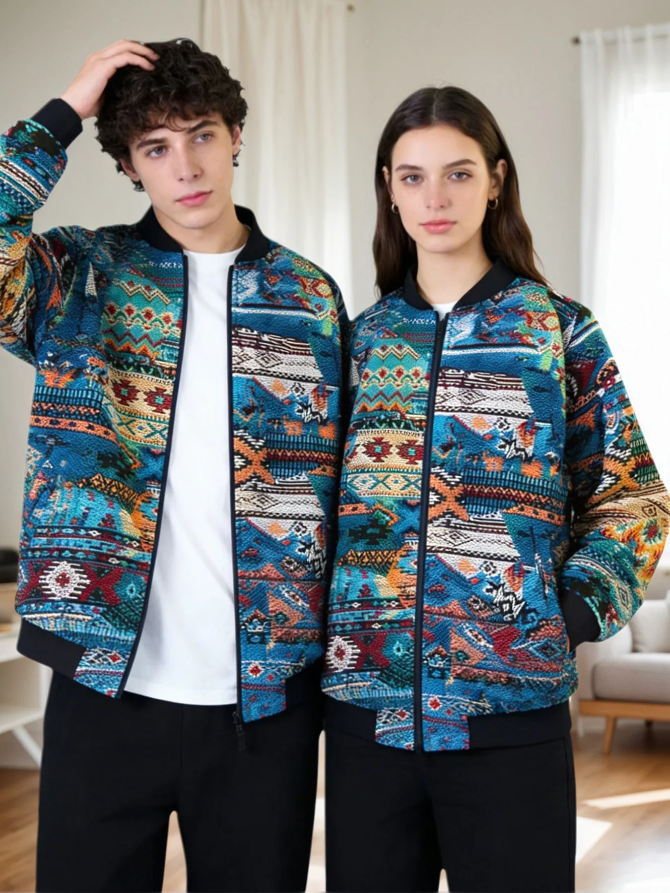 

Trendy New Retro Ethnic Jacquard Baseball Jacket, Unisex, Hong Kong Style Casual Cool Streetwear
