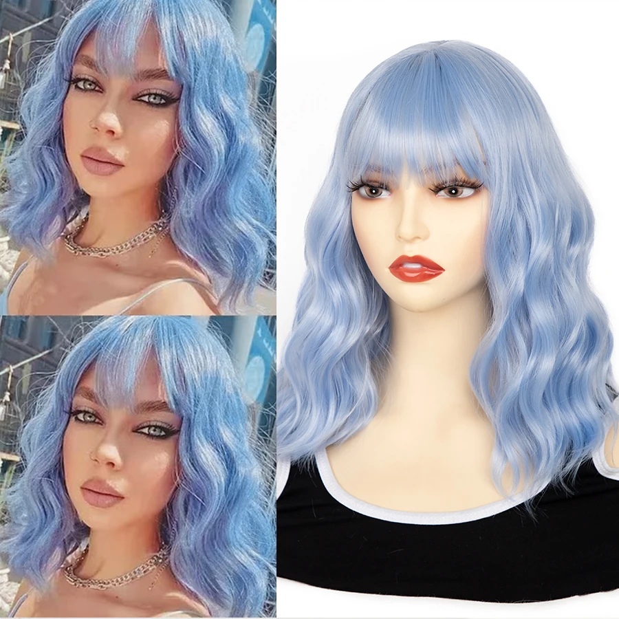 

14-Inch Bob Wig with Bangs for Women - Short, Curly & Water Wave Synthetic Hair for Daily Wear & Halloween Cosplay