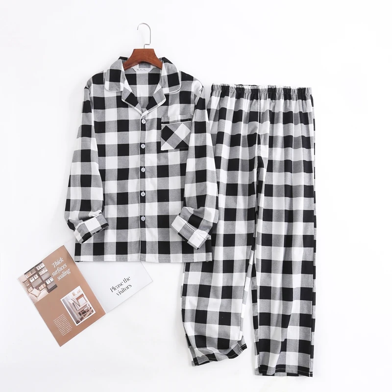 

Мужской повседневный комплект в клетку, топ с длинными рукавами и лацканами спереди на пуговицах и длинные брюки, дышащая пижама, одежда для сна, домашняя одежда, свежий стиль