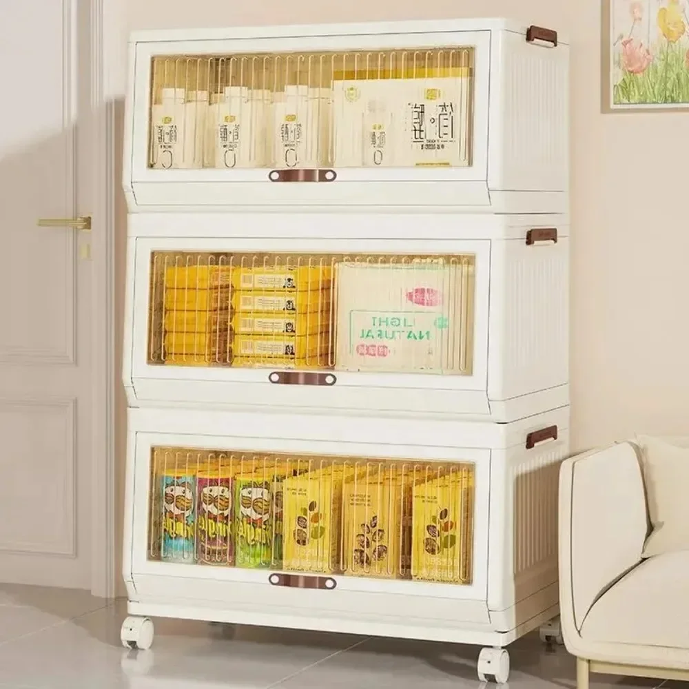 Foldable Storage Cabinet Living Room Folding Storage Box 3-Tier Snack Organization Box Multi-Layer with Flip Cover and Wheels