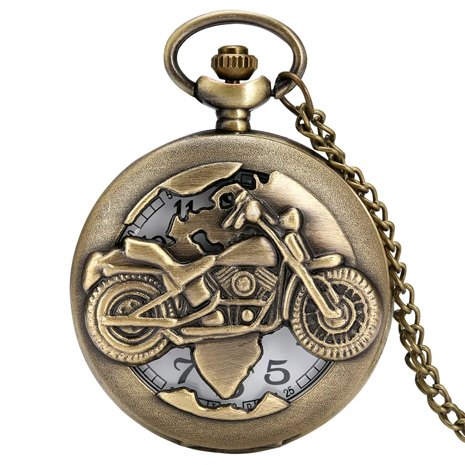 Vintage Bronze Hollow Motorcycle Quartz Pocket Watch with Necklace Chain Leisure Pendant Gift Men's Clock