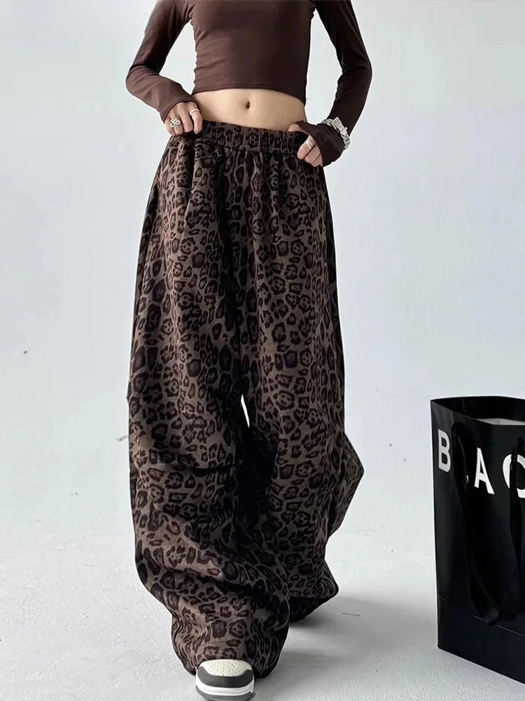 

Streetwear Vintage Leopard Pants Women Fashion High Waist Loose Wide Leg Pants 2025 New Korean Casual Baggy Elastic Waist Pants