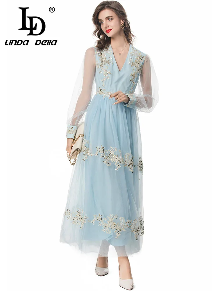 LD LINDA DELLA Summer 2024 luxury Designer Dresses for women Vintage Elegant Embroidery Sequins Net Yarn Princess Dresses