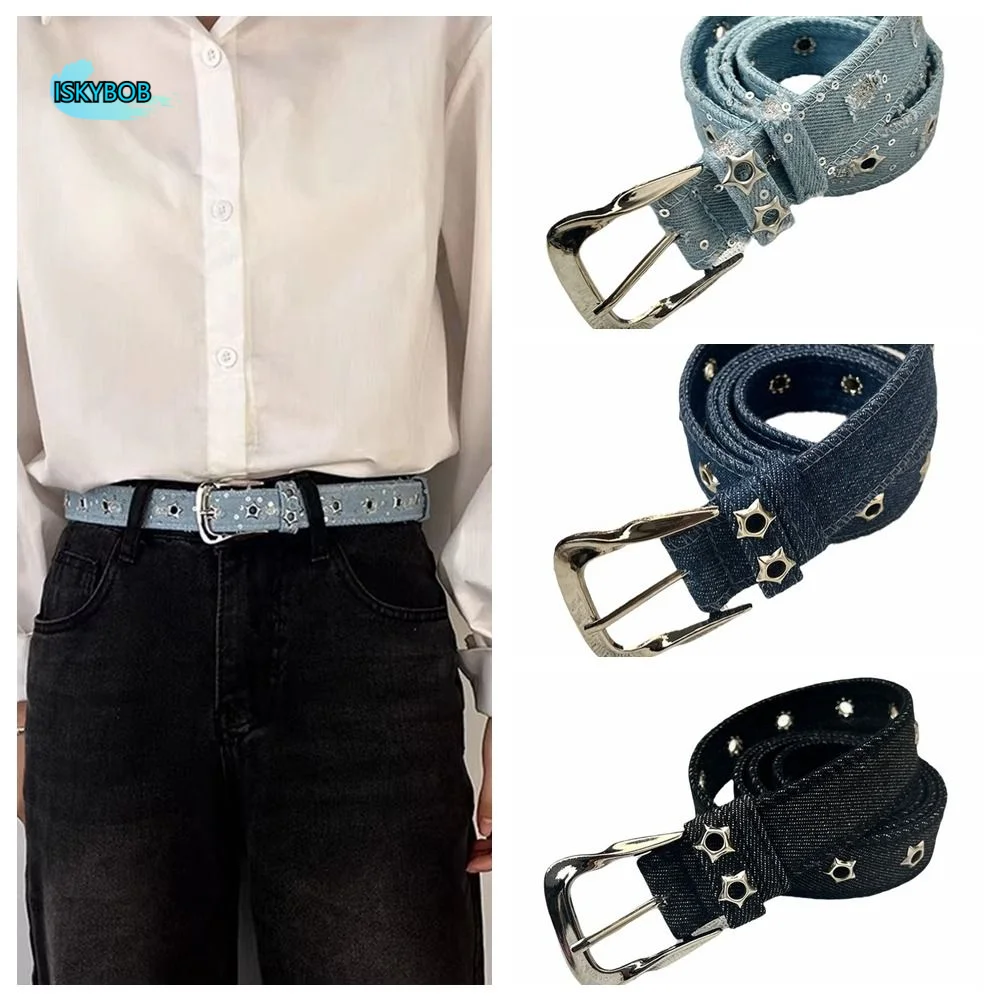 

Luxury Star Hollowed Pin Buckle Retro Jeans Belt Korean Style Harajuku Metal Buckle Belts Y2k Wide Denim Belt Lady