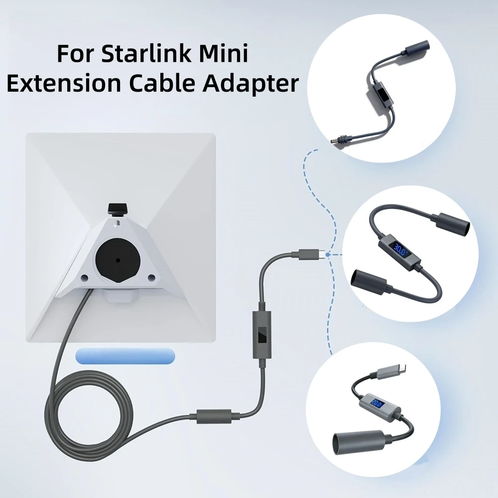 For Starlink Mini DC Extension Cable Adapter 30CM Waterproof Power Hole Extender with Current and Voltage Digital Display Cable