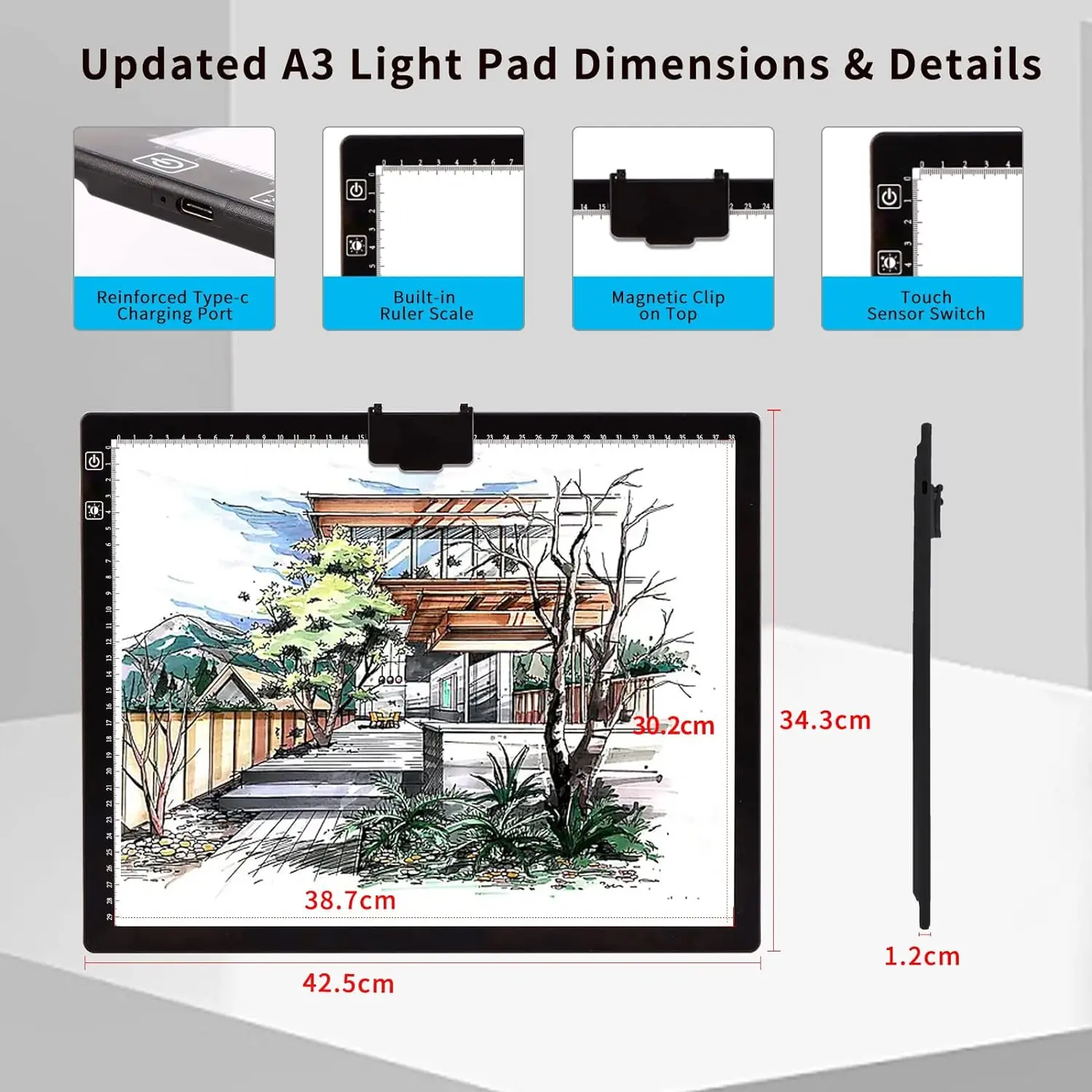 A3 diamond painting light pad, 3 color mode stepless 6 brightness light reproduction pad, wireless rechargeable Led light board