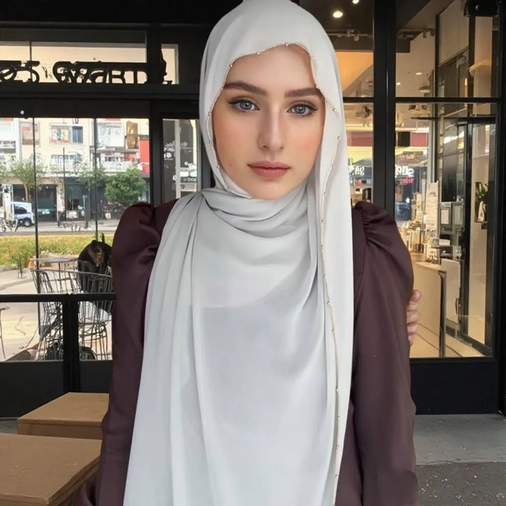 

Luxury Solid Color Ethnic Style Scarf Long Bandana Hijab Scarf Beads Chain Thin Islamic Turban Daily