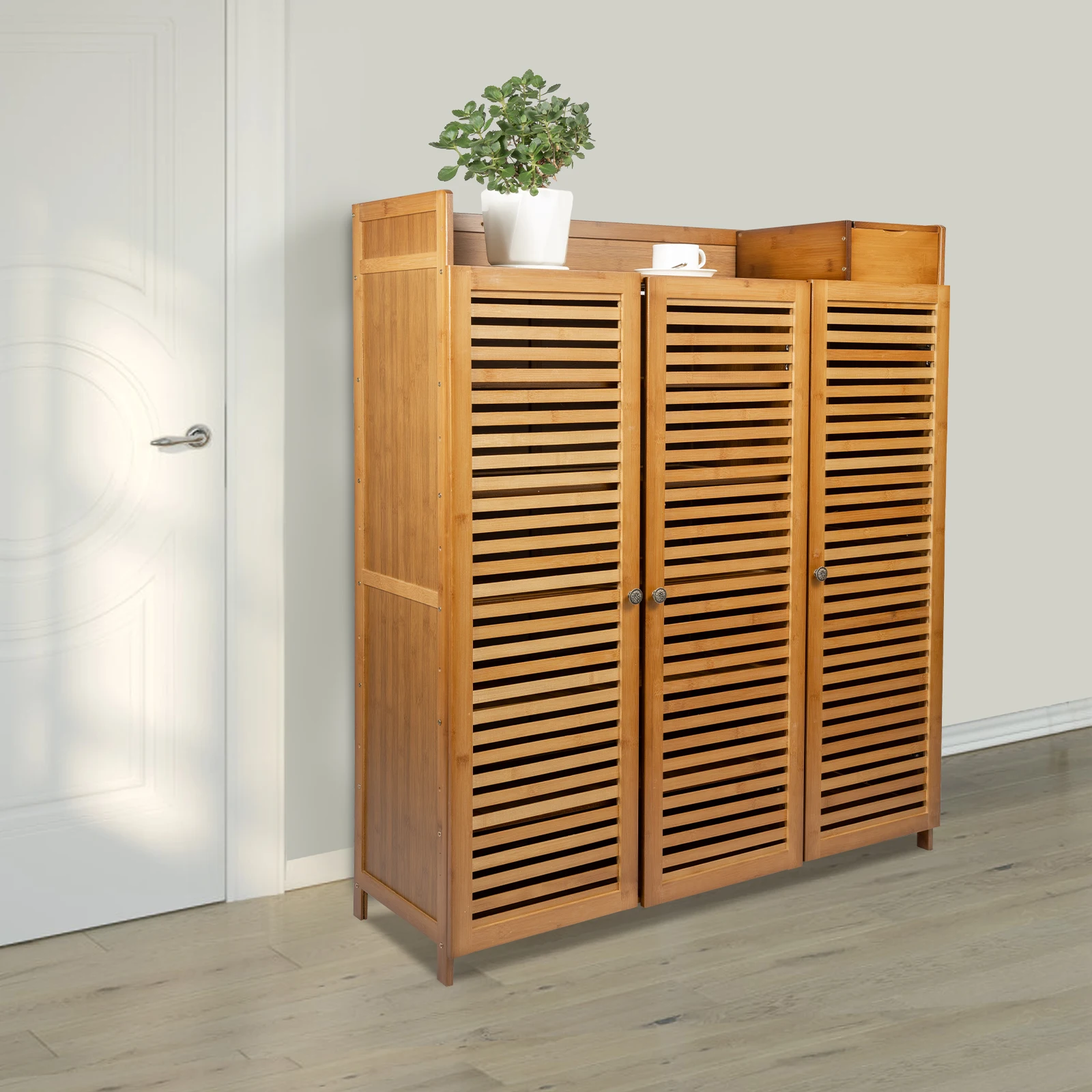 

BYMAOCAR 7 Tiers Bamboo Shoe Cabinet W/ Doors, 30 Pairs Shoe Rack Free-Standing for Entryway Hallway Living Room Bedroom