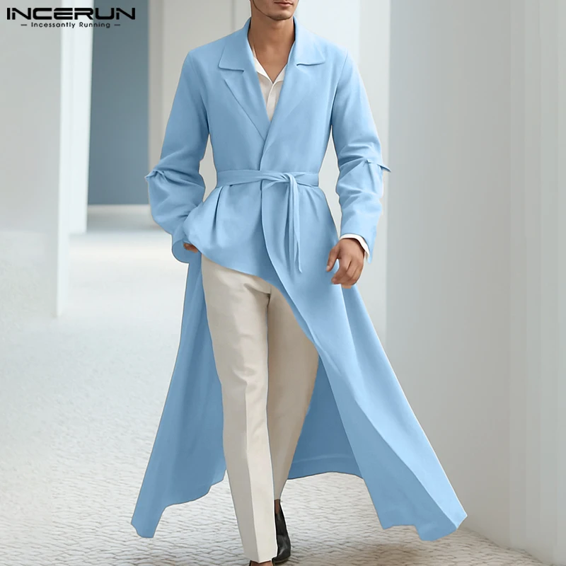 

INCERUN мужской нерегулярный Тренч однотонный свободный лацкан с длинным рукавом нерегулярная ветровка мужская уличная одежда 2025 модные повседневные пальто