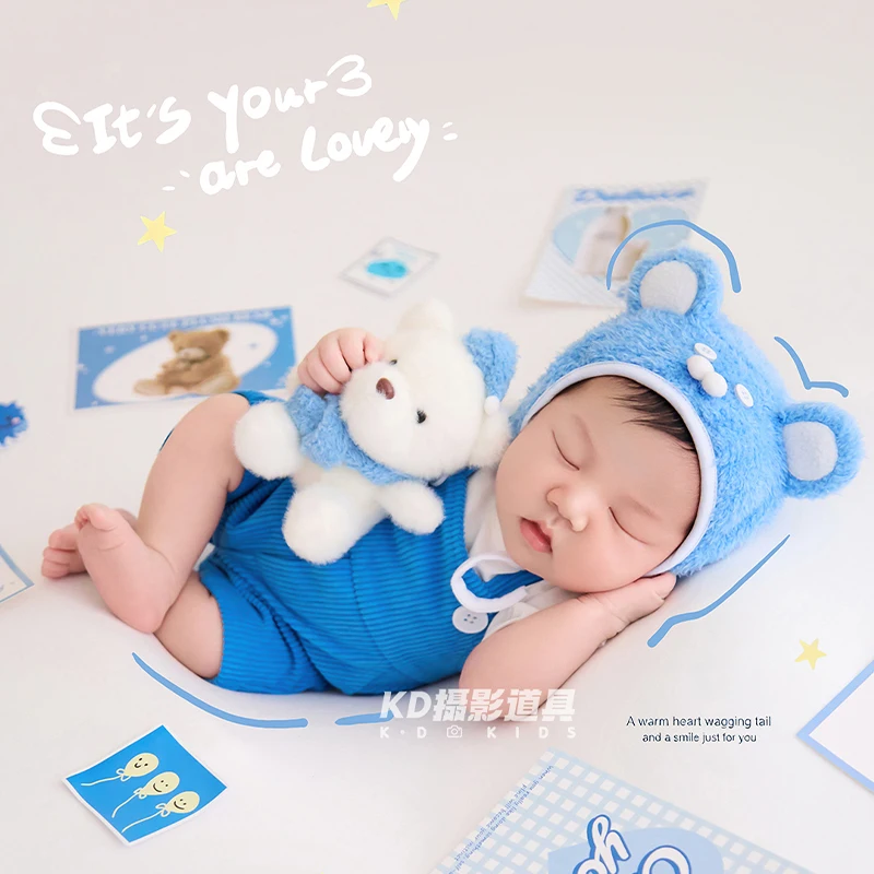 新生児写真撮影衣装ブルーバニーハット-ロンパースセットソフト0-1m幼児写真撮影衣装クマのおもちゃ小道具付きスタジオアクセサリー
