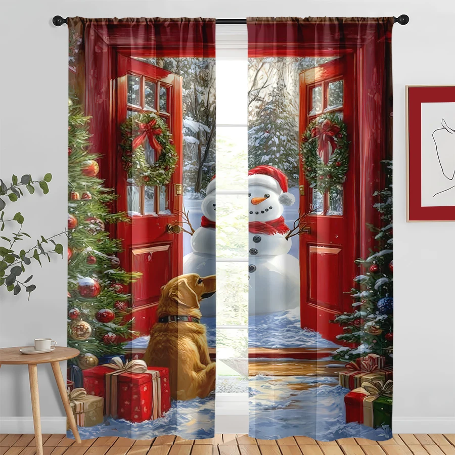 2PCS Christmas Winter Curtains, Snowman Dog Door, Digital Print, Bedroom Living Room, Rod Pocket, Polyester, Home Decor