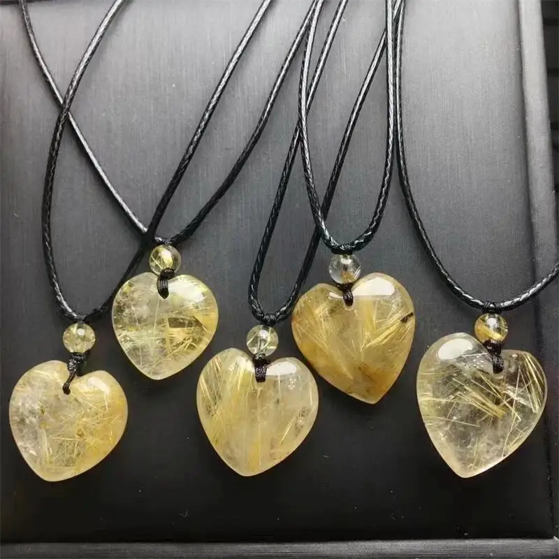 Natural Gold Rutilated Quartz Heart Pendant For Women Crystal Energy Reiki Necklace Jewelry Charm Healing Fashion Gift 1PCS