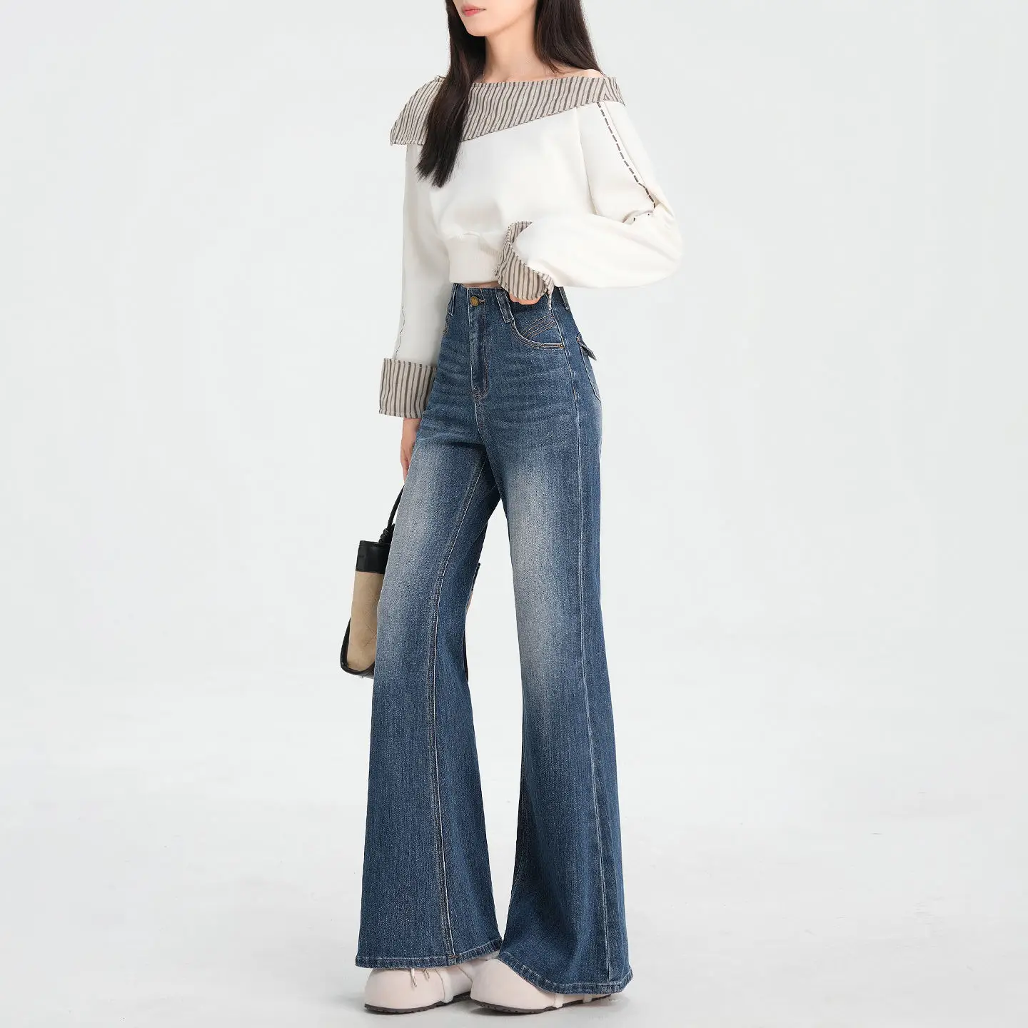 

Джинсы с рогами для женщин весной и осенью. Новые повседневные джинсы для мытья полов. Роговые брюки с высокой талией.