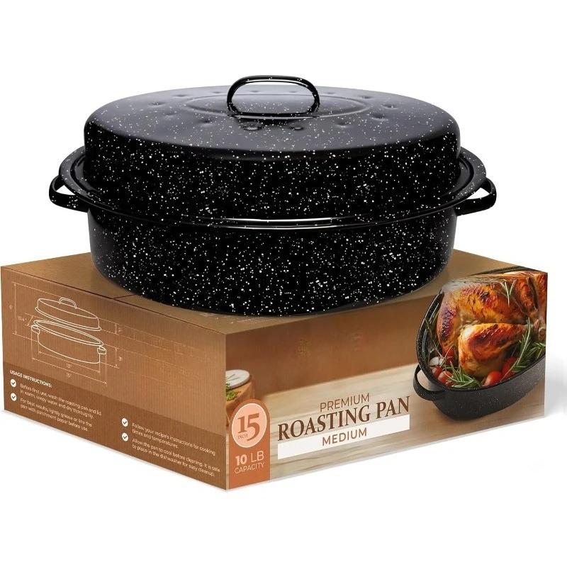 

Сковорода для обжарки гранита, сковорода для обжарки индейки емкостью 10 фунтов с крышкой, жаровня для гранита 15 дюймов, овальной формы, крапчатая эмаль