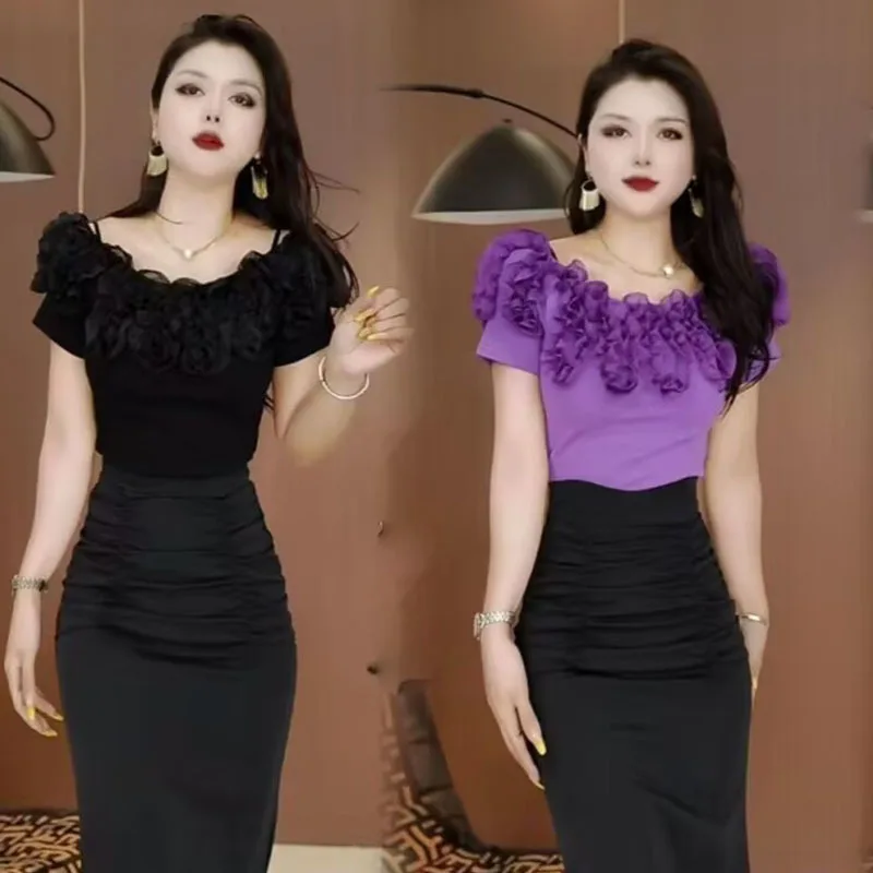

3D flower splicing ruffles short sleeved T-shirt 2025 women summer new slim fit off shoulder collarbone temperament top