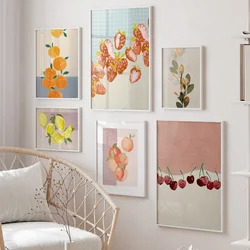 Watercolor Strawberry Cherry Lemon Orange Wall Art Painting Fruit Posters Vintage Room Bar Cafe Decor Home Decor Canvas Print