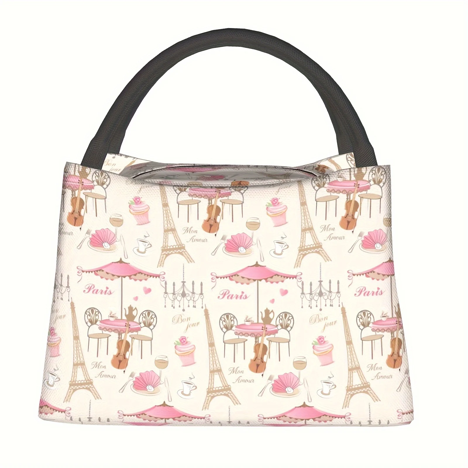 Sac à déjeuner en polyester délavé à la main avec une tour Eiffel de Paris romantique, refroidisseur isolé rectangulaire sur le thème de l'anime