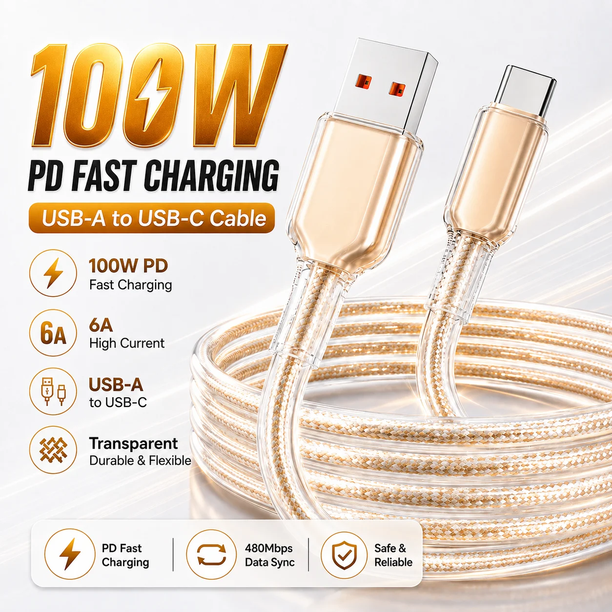 100W USB A to USB C Fast Charging Cable, 6A PD Transparent TPE Type C Charger Data Cord for iPhone 15 16 17 Xiaomi Huawei Phones