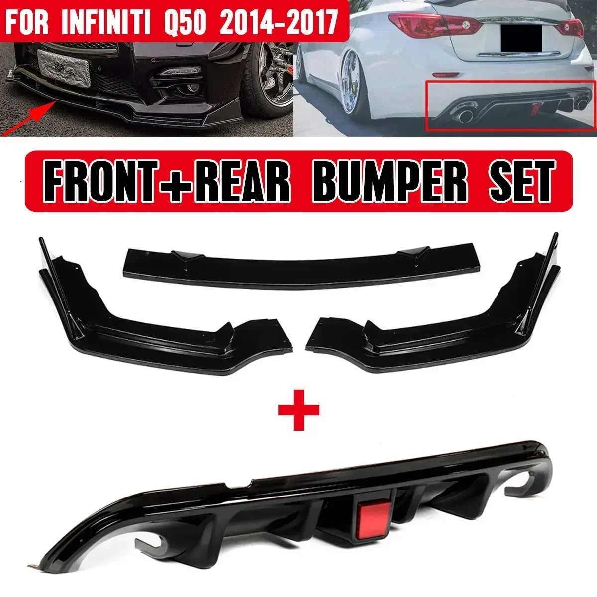 

Car Front+Rear Bumper Lip Set Diffuser Spoiler Guard Apron W/ LED Brake Light For Infiniti Q50 Standard/Sports Version 2014-2017