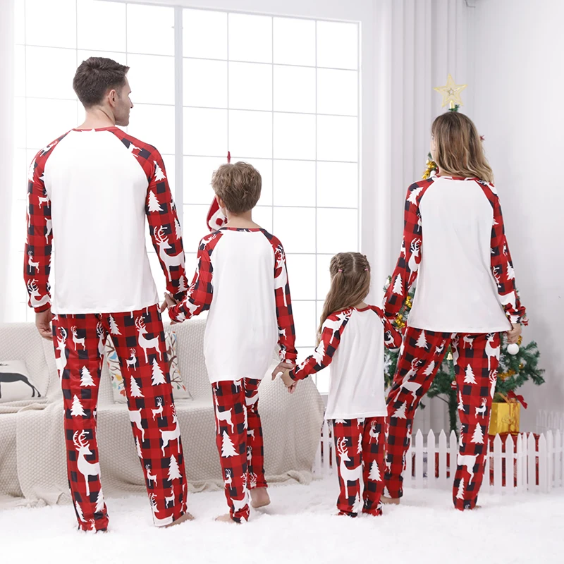 Matching Family Christmas Pajamas Set Festive Long Sleeve Round Neck Tree Print Tops and Trousers for Parents and Children