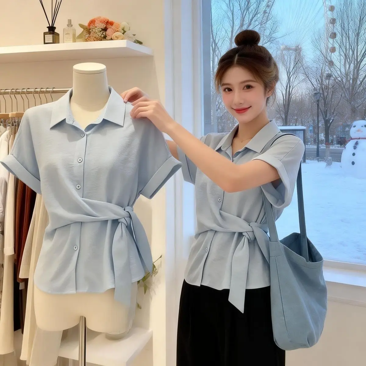 

Blue Collar Shirt Women's Fashionable Slim Fit Short Sleeve Korean Style Guangzhou Thirteenth Factory Summer Top