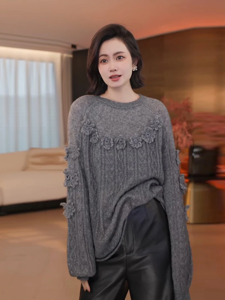 

the Meng Beautiful Camere Wool Goat Camere Silk Gentle Wind Hook Flower Knitted Sweater Women Winter Loose Fit Daily roun...