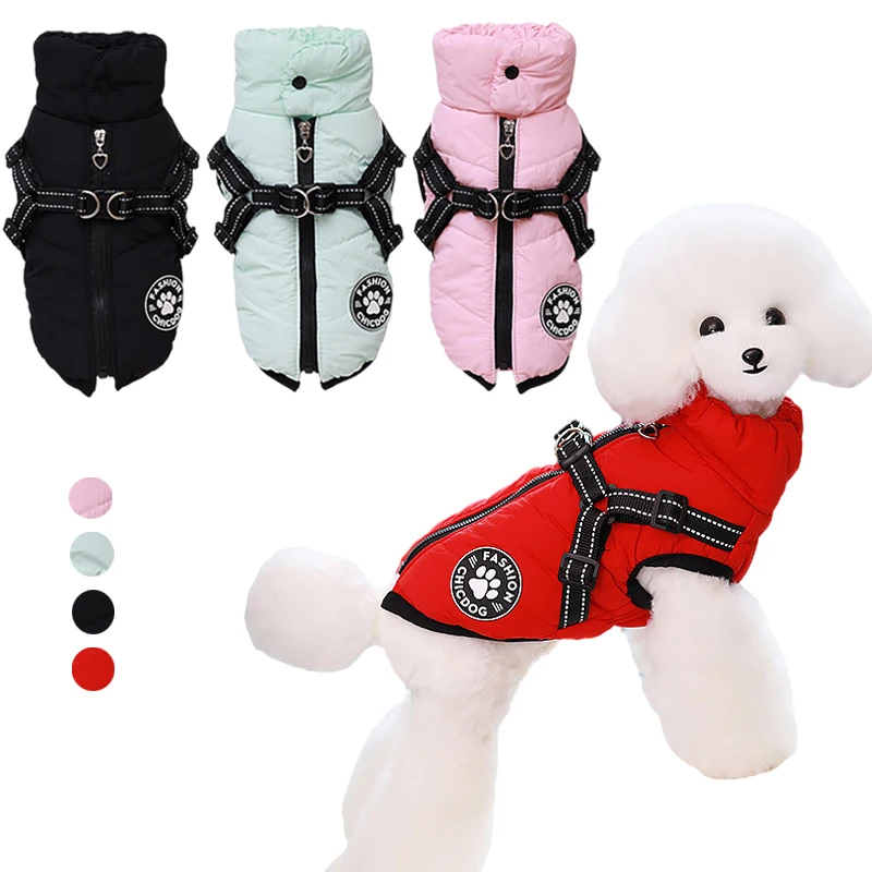 Winter Pet Jacket with Harness for Small Dog Cat Clothes Waterproof Puppy Coat Chihuahua Pug Outfits High Collar Pet Clothing