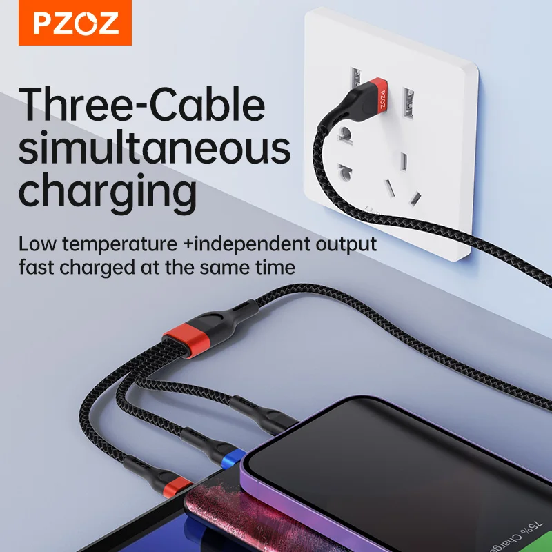 PZOZ 66W 3 in 1 6A USB Type C Cable Super Fast Charging Micro USB C Cable For iPhone Samsung Xiaomi Huawei Phone Cord Charger image 2