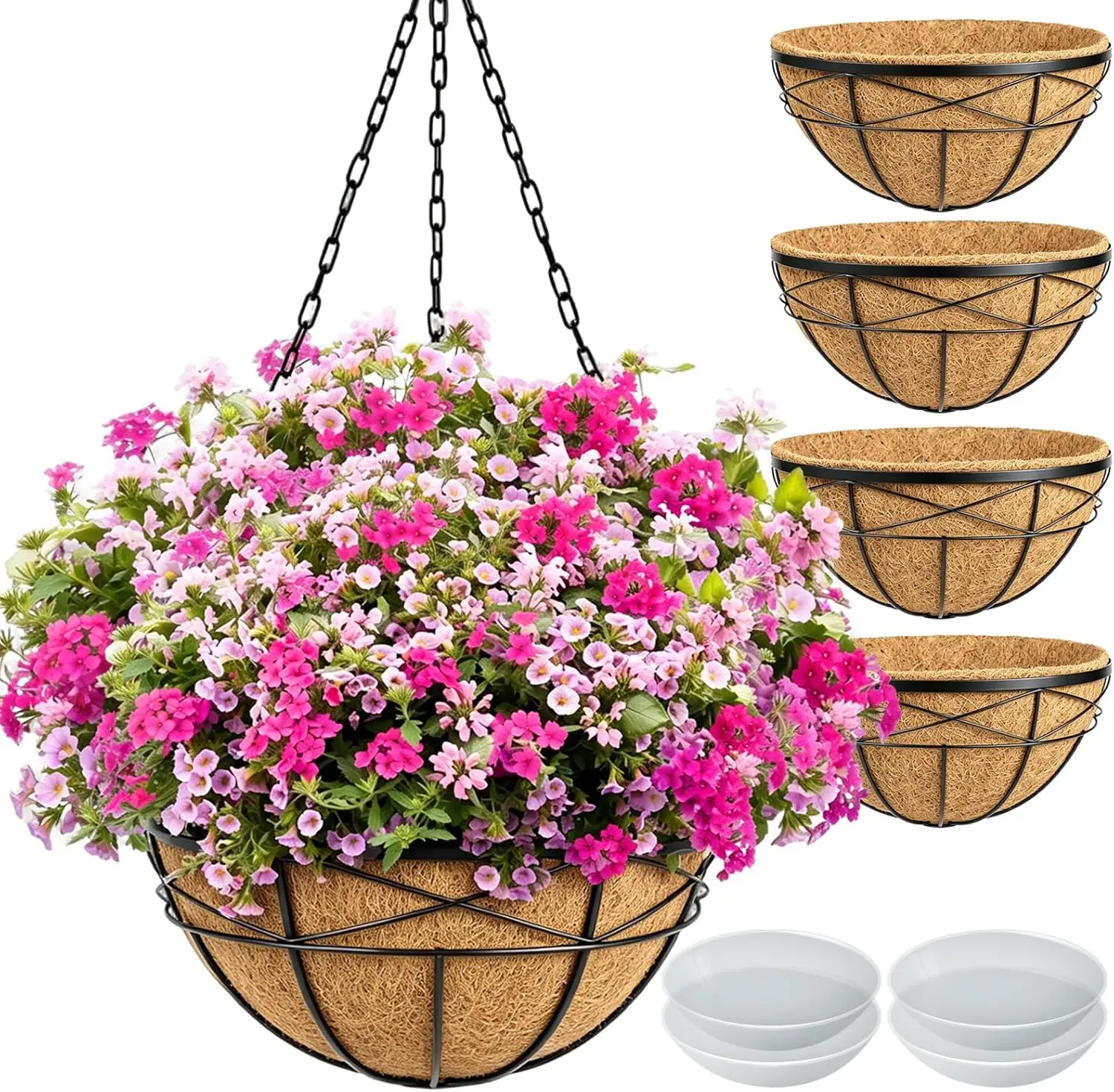 

4 Pack 16 Inch Hanging Planters for Outdoor Plants, Metal Wire Flower Baskets with Coco Liner & Plastic Saucer for Porch Balcony