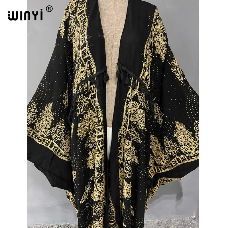 WINYI Women tassel Black hot brick dress Long Coat Loose Lapel Robe Femme Thick Warm Loose Boho Middle East Female kimono Abaya