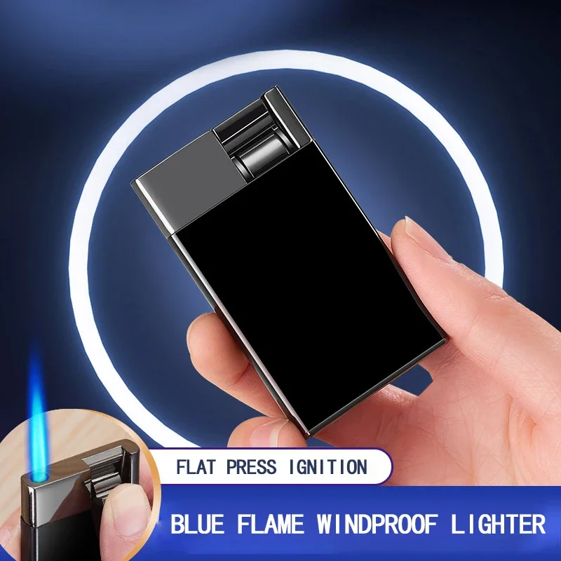 Metal Ultra-thin and Minimalist Inflatable Lighter Windproof Jet Blue Flame Joystick Press Ignition Cigar Lighter Men\'s Gift