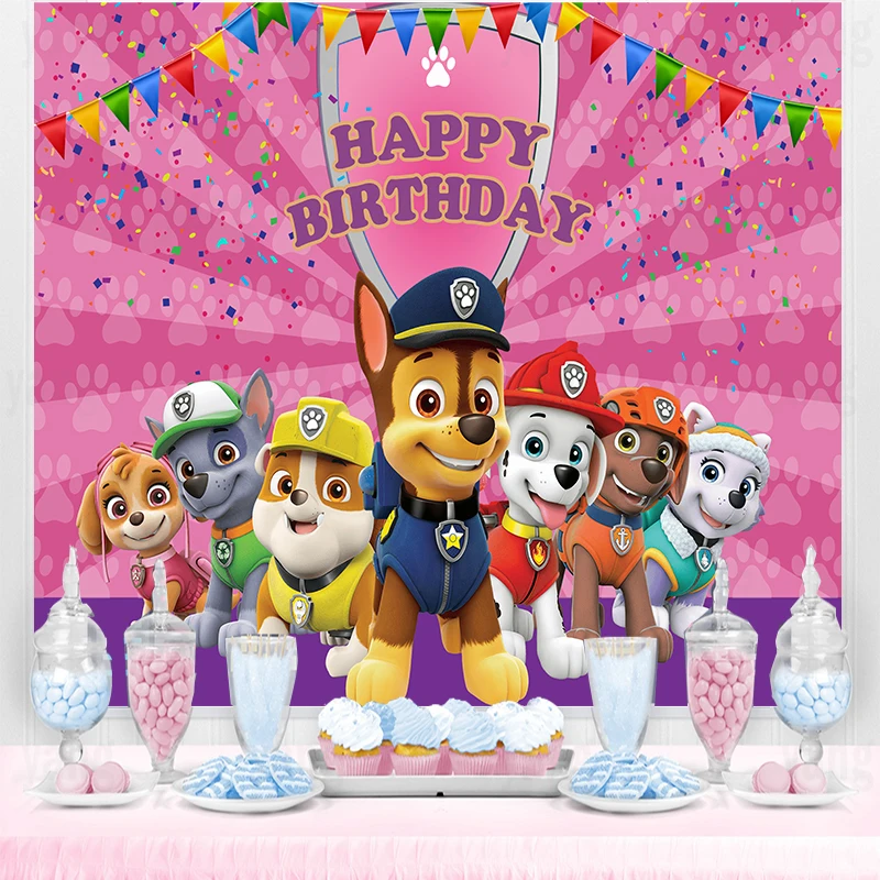 

Cartoon Paw Patrol Dog Pink Backdrop Girls Birthday Party Baby Shower Background Banner Marshall Rubble Chase Rocky Zuma Skye