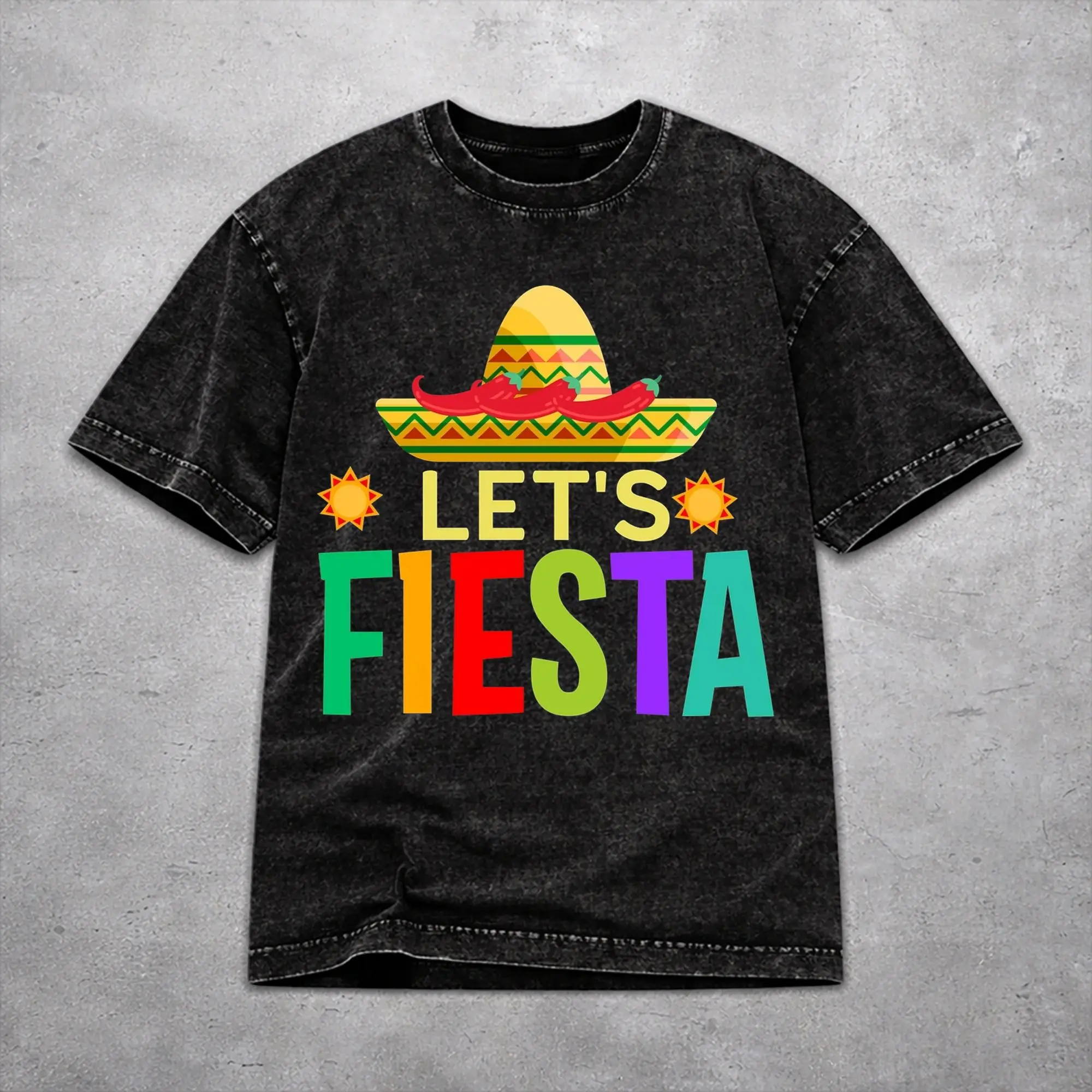 Let's Fiesta Cinco De Mayo  Washed T Shirt Fashion Streetwear for Men Women  Loose T-Shirts 100% Cotton