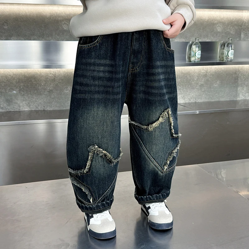 

Boys Fce Lined Thiened Inteated Velvet Denim Pants High Waist Straight Leg Korean Sle Casual Faionable Kids Jeans
