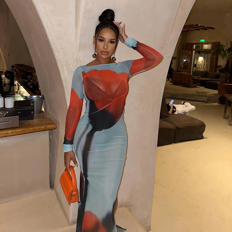 New Summer Sexy Cover-Ups Sheer Mesh Long Dress for Women Fashion Print Side Split Bikini Long Sleeve Slim Fit Beach Dresses