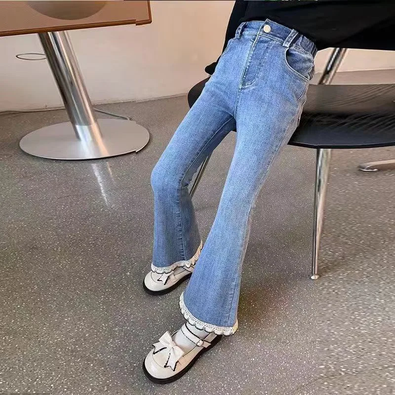 

Children's Girls Denim Flared Pants Lace Ruffle Hem Stretchy Elastic Waist Fashion Casual 2-14Y Kids Girl Jeans for Daily Wear