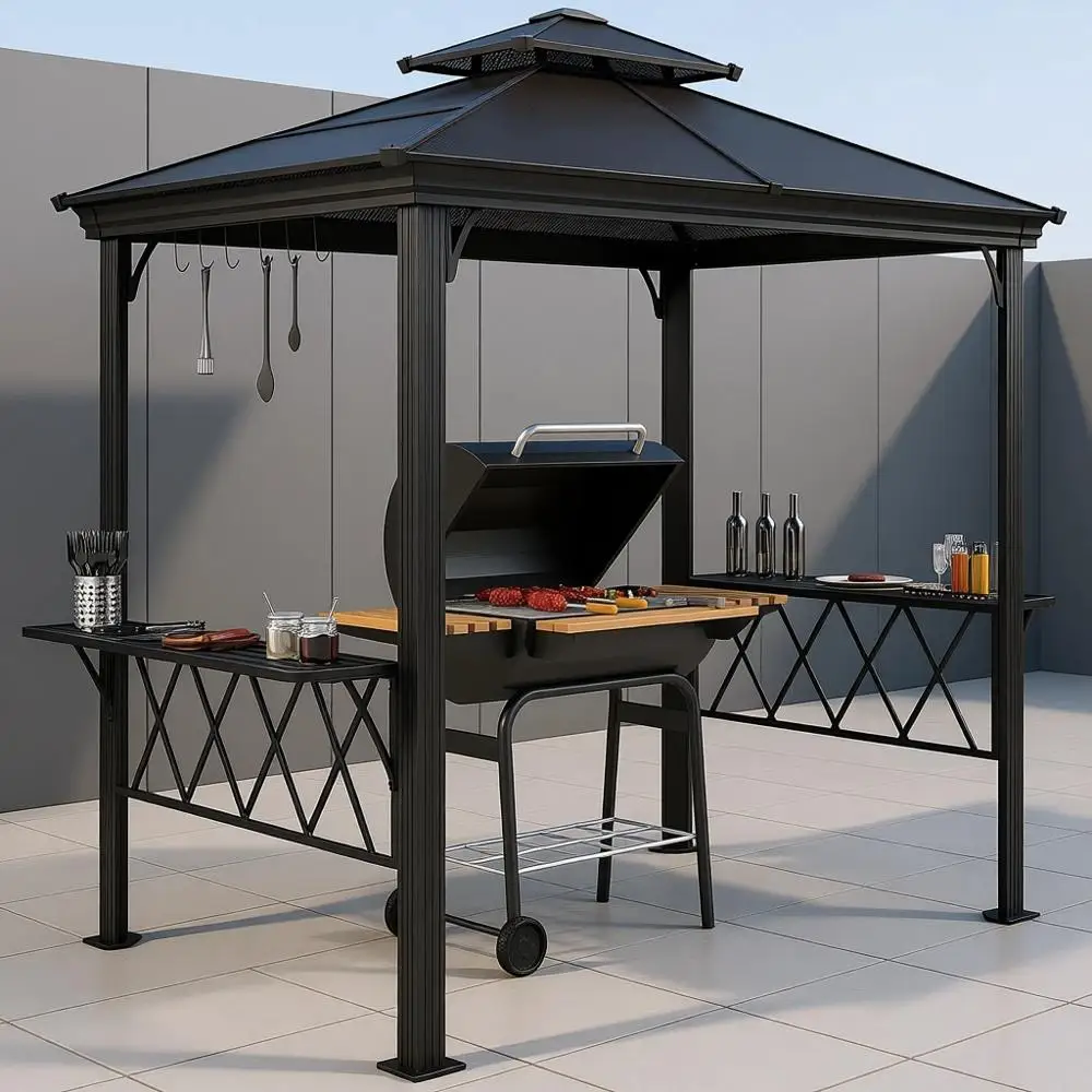 

Беседка для барбекю с жесткой крышей 9х5 футов, двухуровневой полимерной крышей, полками, сервировочными столиками и крючками для уличного обеденного зоны.